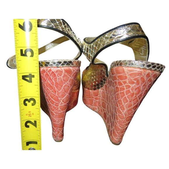 Prada Italian Snakeskin & Croc Embossed Leather Wedges Pink & Gold 37.5 US 7.5 - Picture 4 of 11